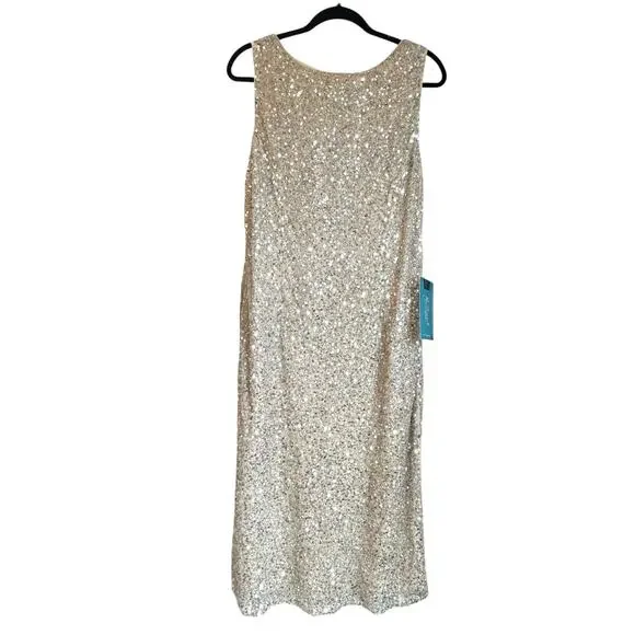 Mac Duggal Sleeveless Sequined Midi Sheath Dress Silver/Nude Size 14 NWT